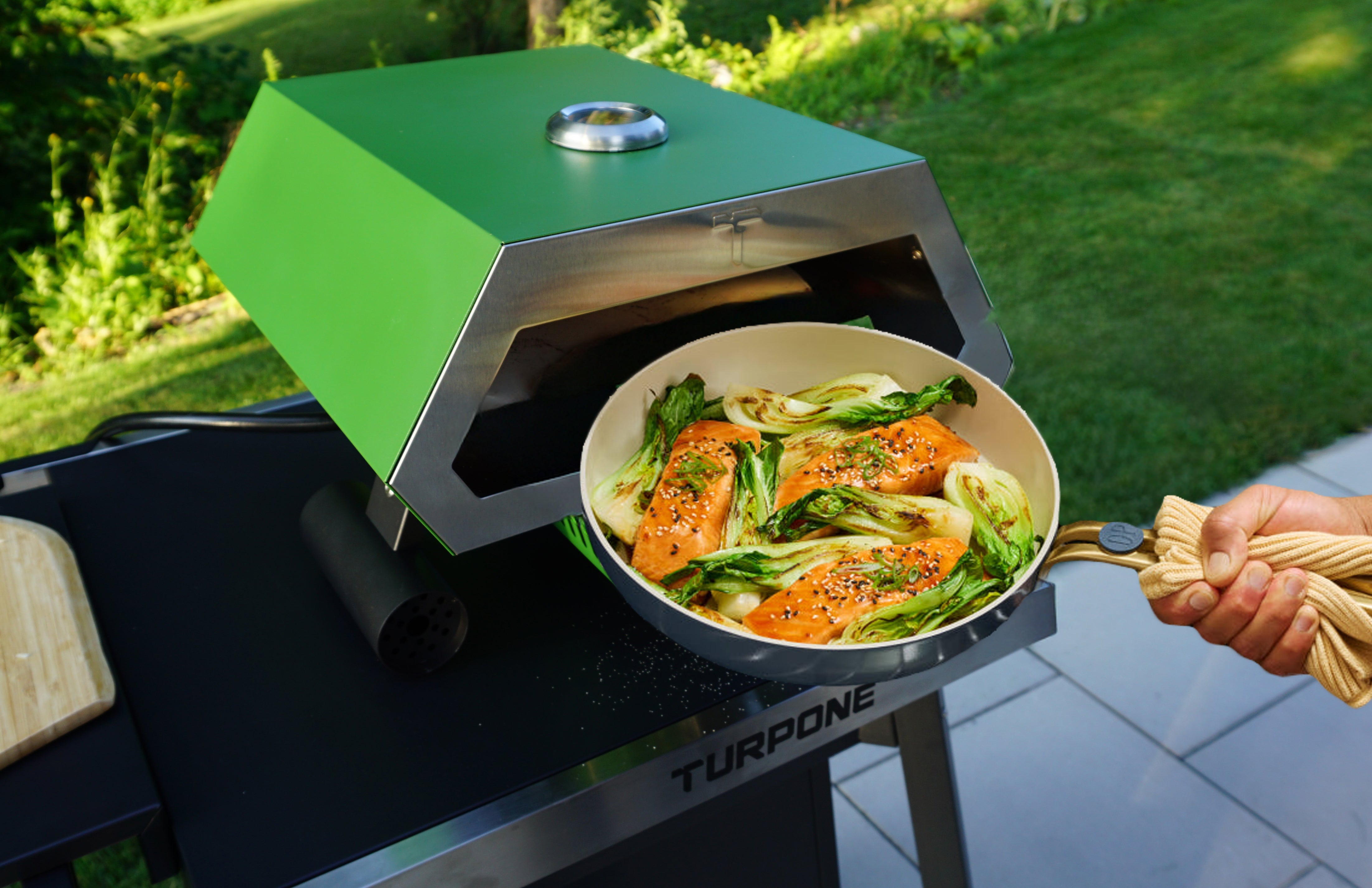 Healthy meals in an outdoor pizza oven